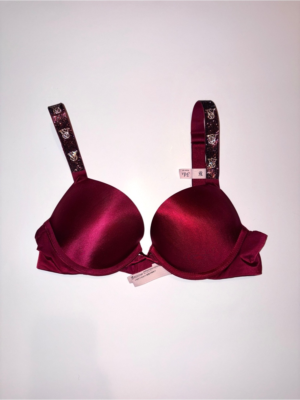 Victoria's Secret Satin Burgundy Push-Up Bra with Rhinestone Straps